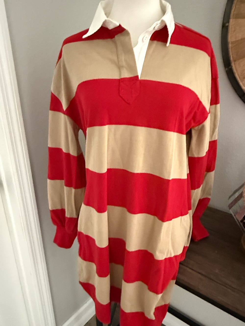 Tuckernuck Travis Rugby Dress Small Red Tan Striped Long Sleeve Cotton Game Day